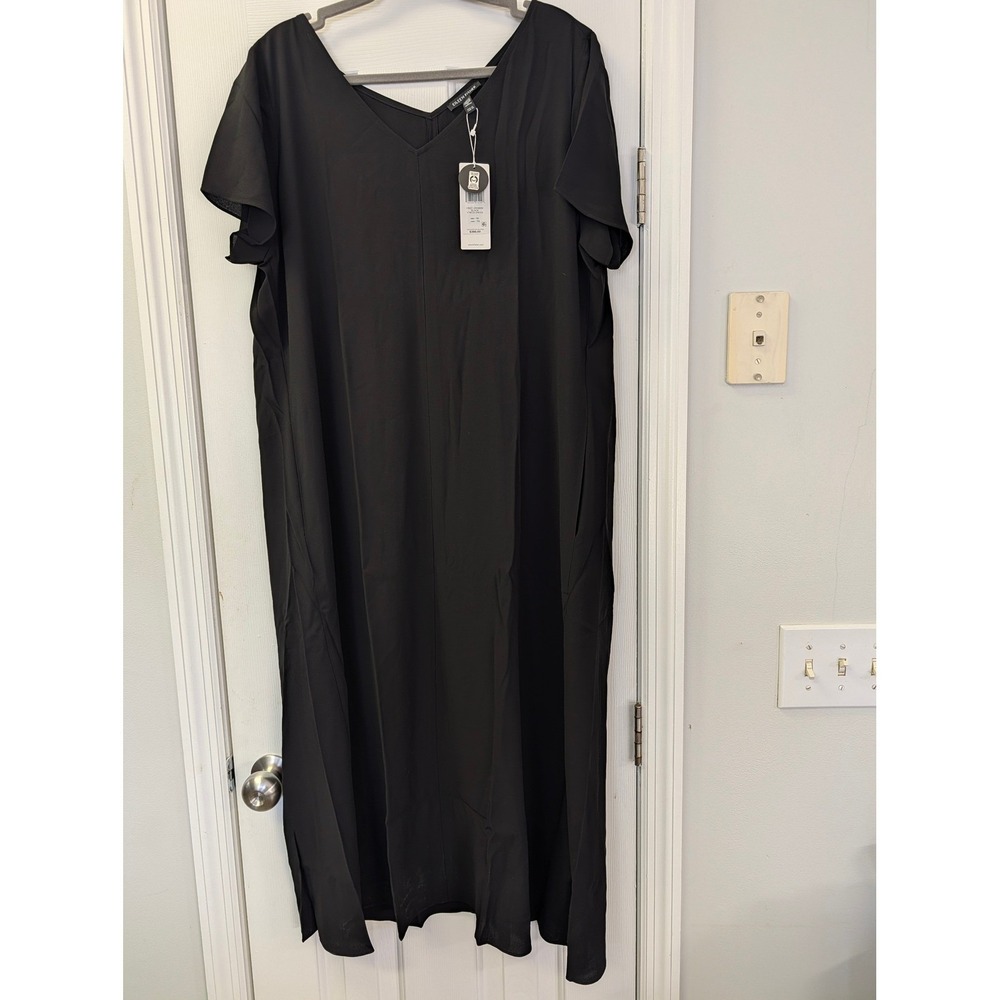 Eileen Fisher Silk Georgette Crepe V Neck Maxi Dress Black XL F6GC1-D5482M NWT